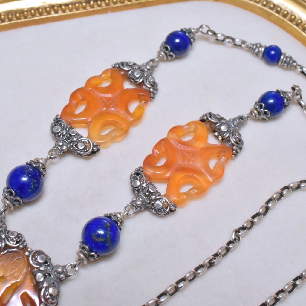 Contemporary Artisan Sterling Silver Lapis Lazuli And Carnelian Necklace