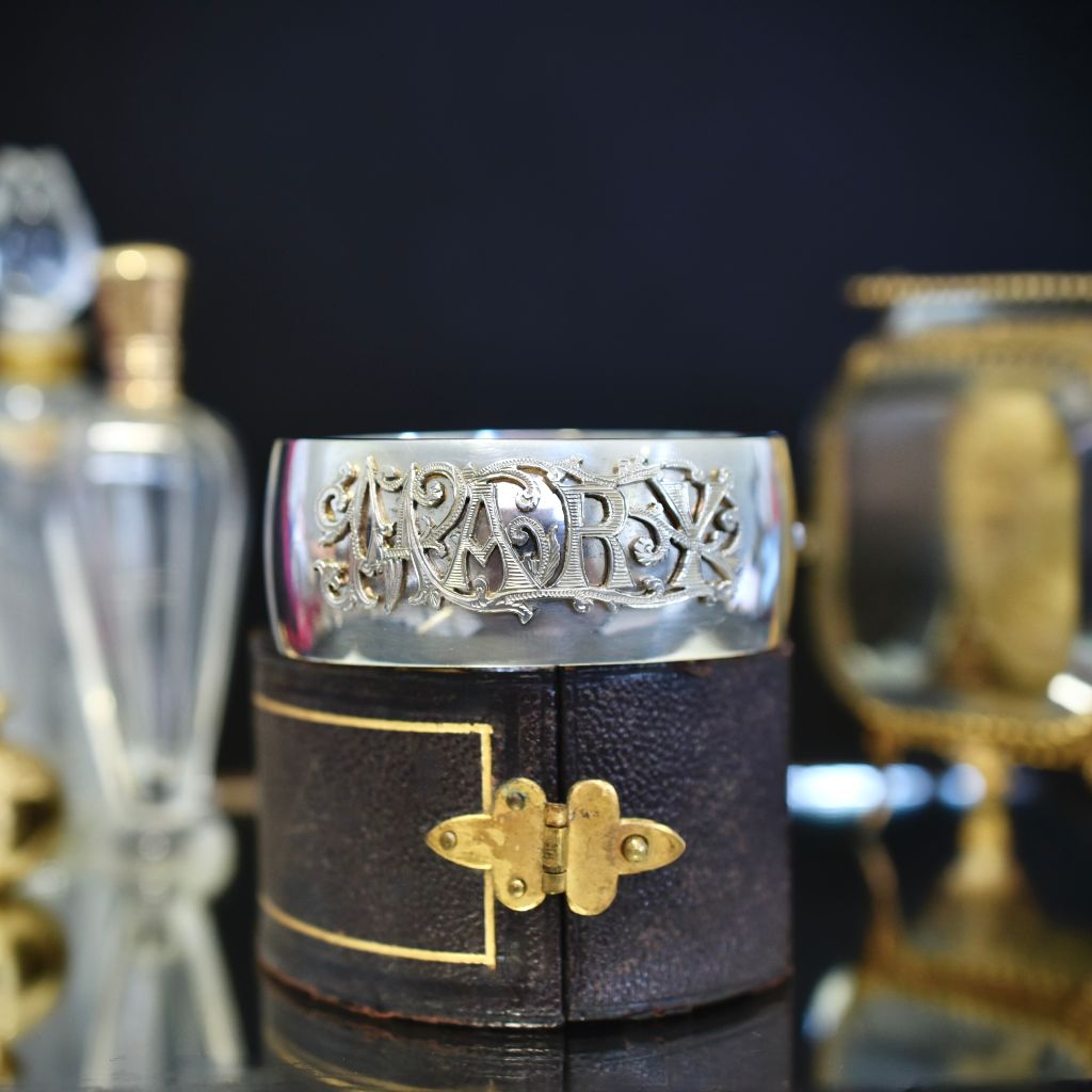 Superb Antique Victorian Sterling Silver ‘Mary’ Bangle By P. Orr And Sons Madras With Original Box Circa 1880-90’s