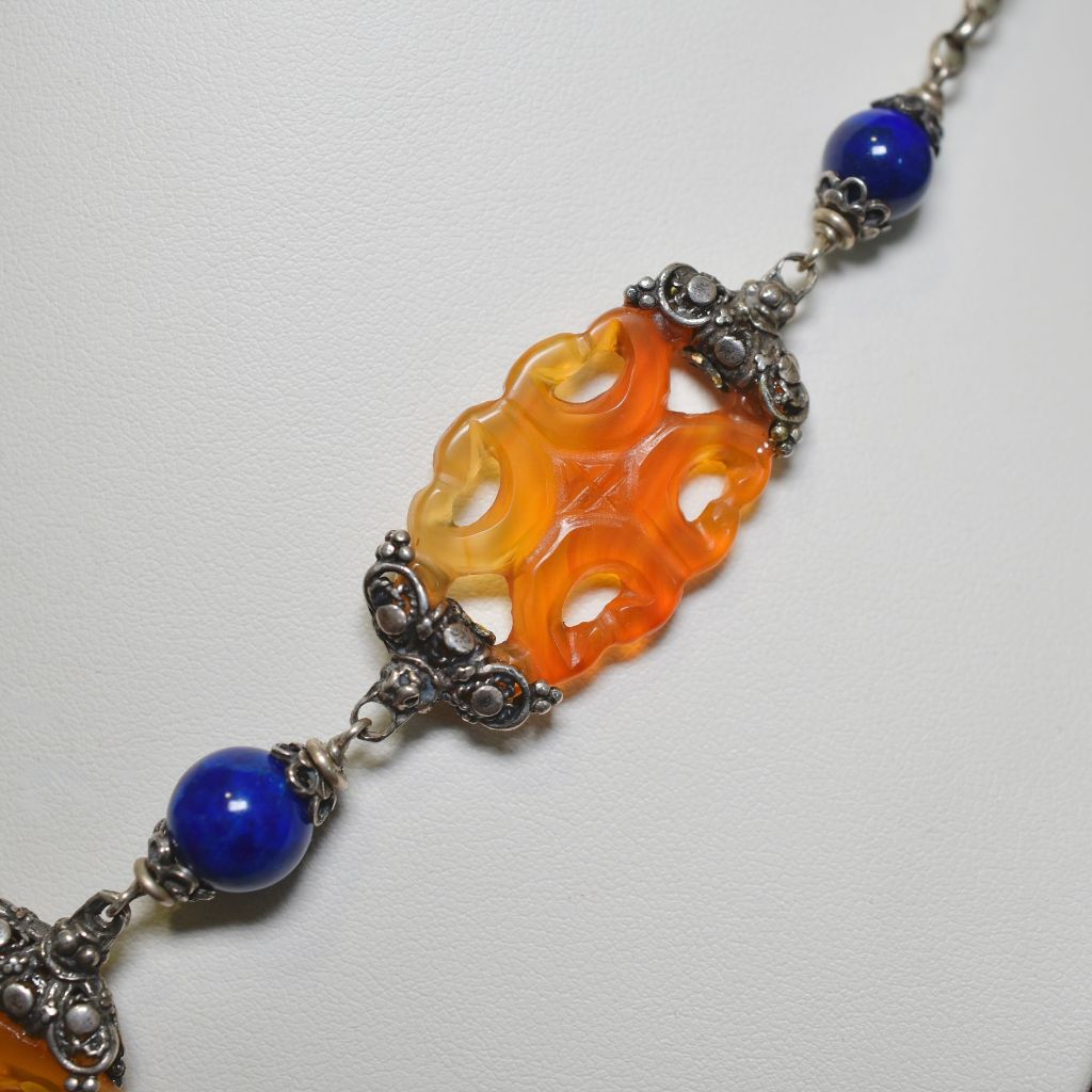 Contemporary Artisan Sterling Silver Lapis Lazuli And Carnelian Necklace