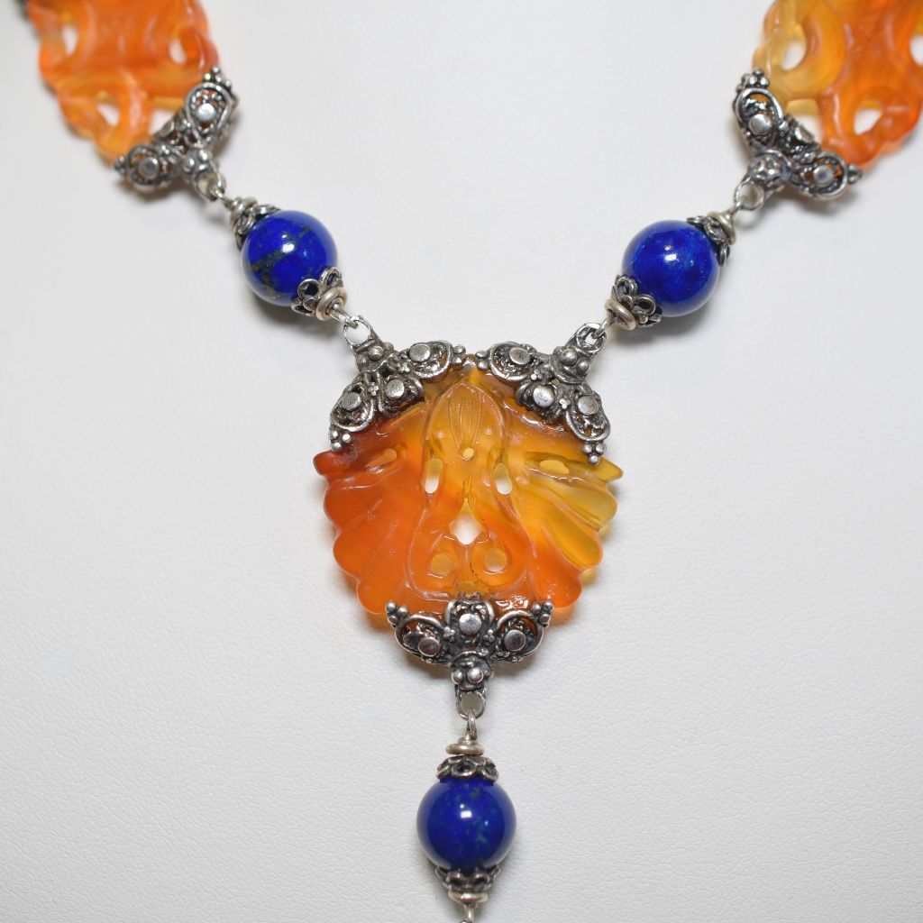 Contemporary Artisan Sterling Silver Lapis Lazuli And Carnelian Necklace