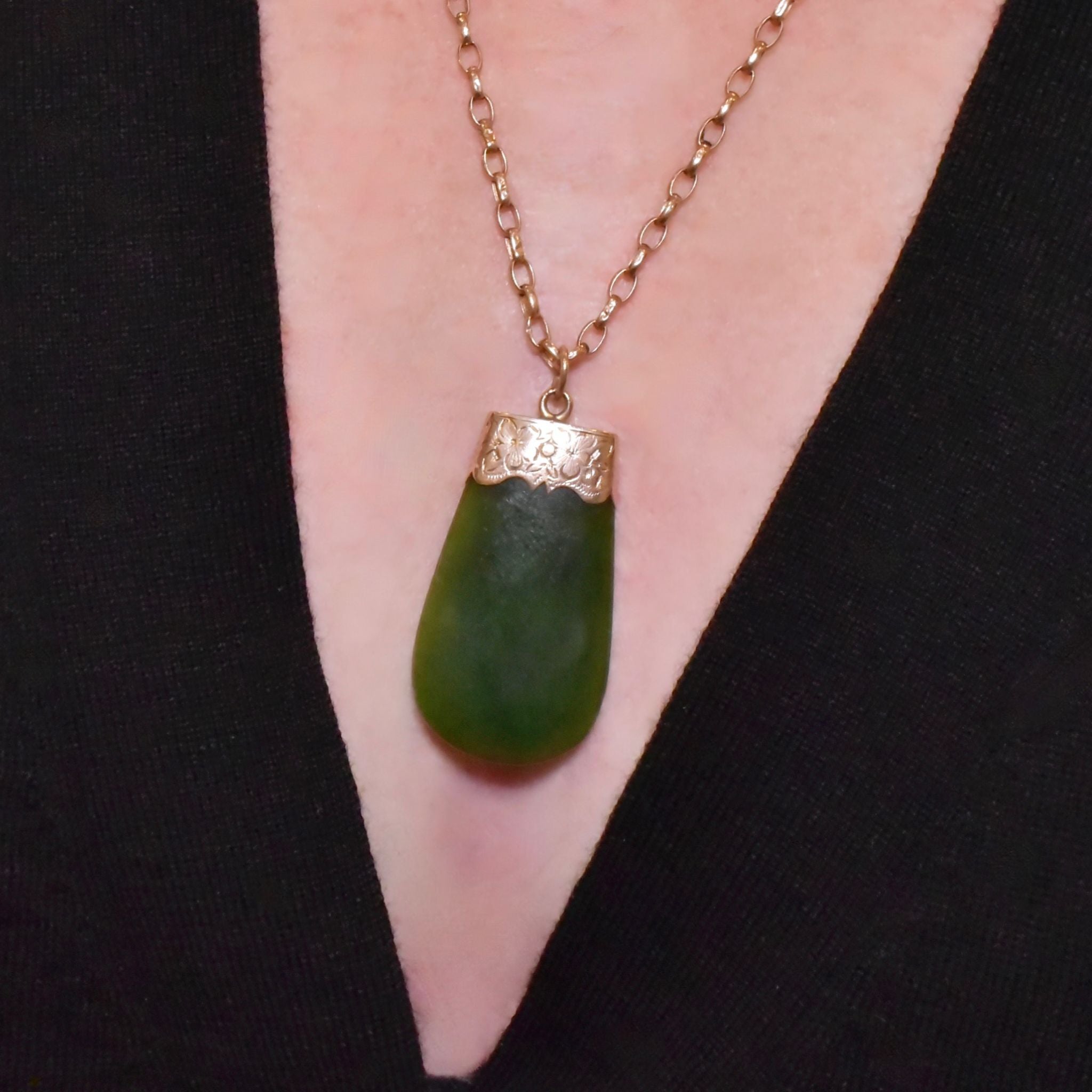 Antique Australian 9ct Rose Gold Nephrite Jade / Greenstone Fob Pendant Circa 1910