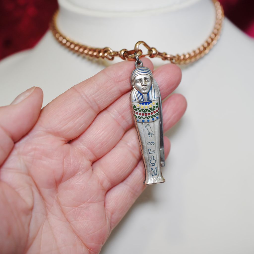 Antique Art Deco Egyptian Revival Silver And Enamel Opening Sarcophagus Pocket Kn*fe Circa 1925-30’s