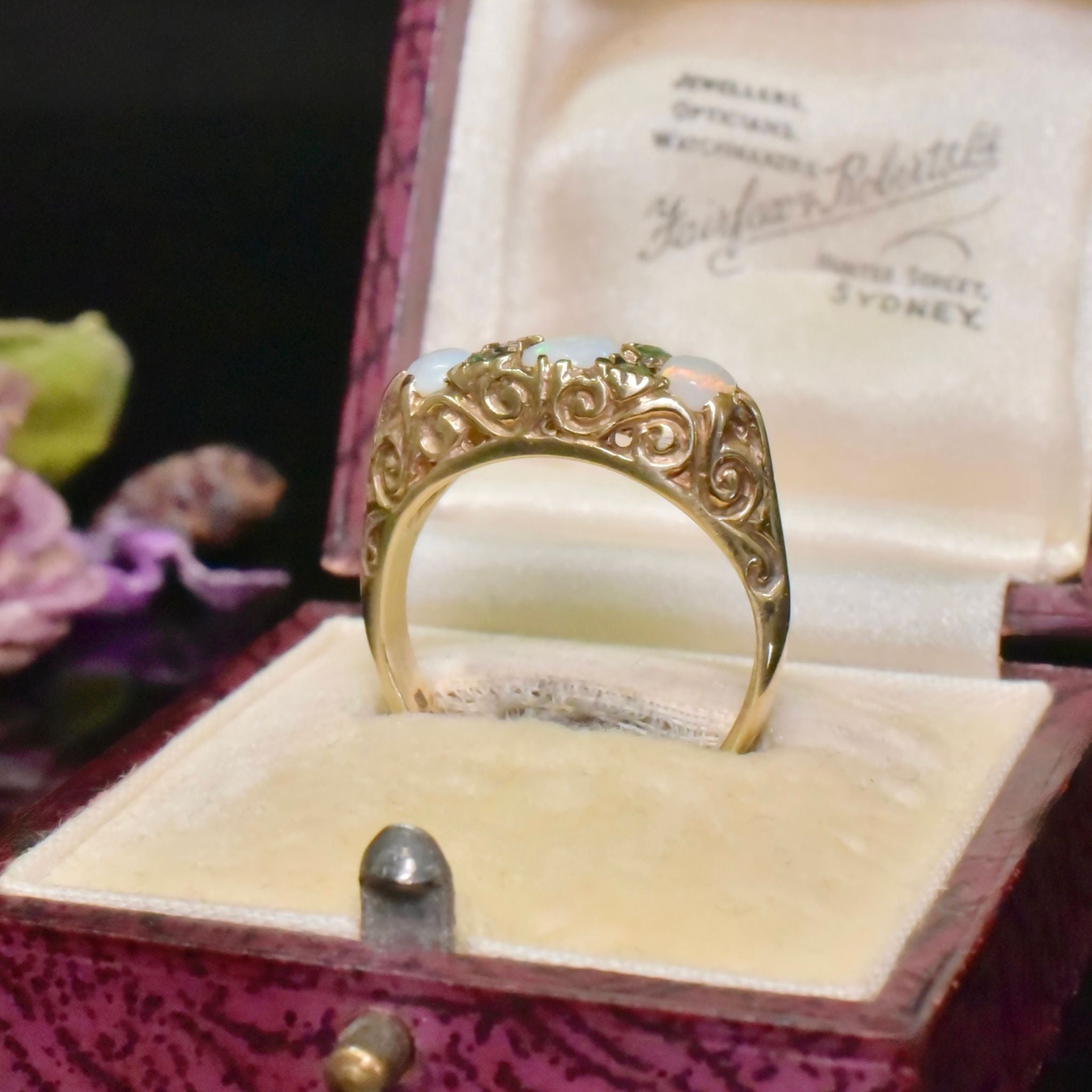 Charming Vintage 9ct Yellow Gold Opal And Emerald Ring - London 1977