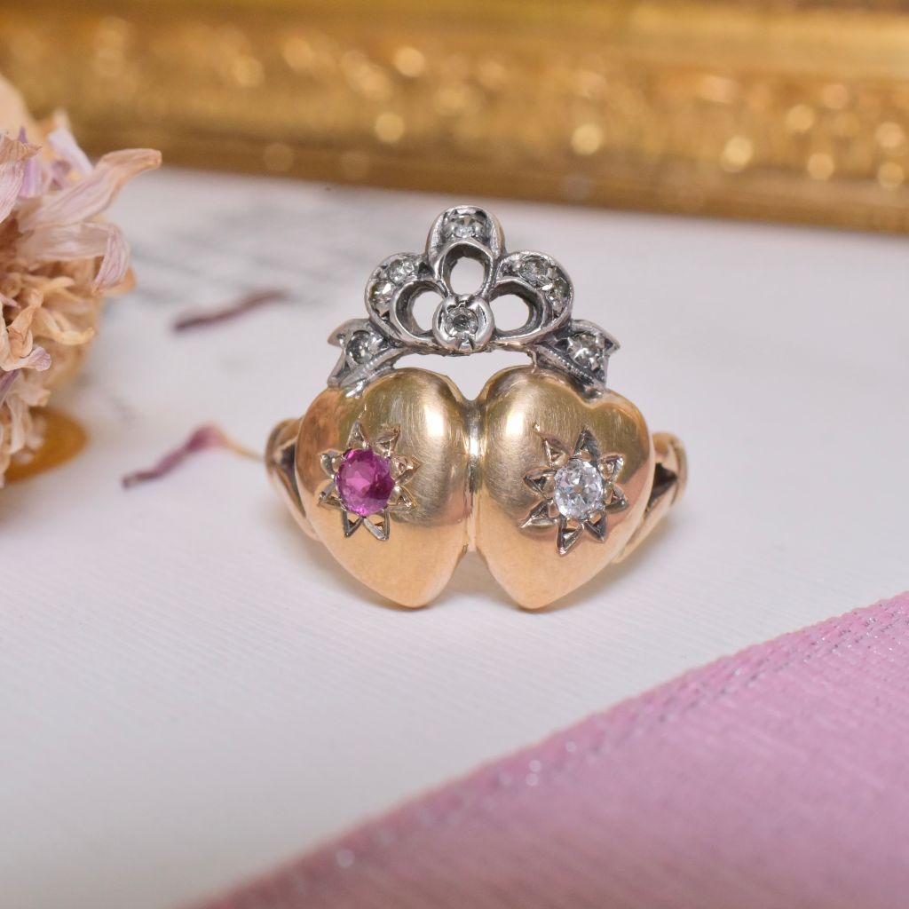 Antique Victorian 15ct Yellow Gold Ruby And Diamond ‘Crowned Double Heart’ Ring