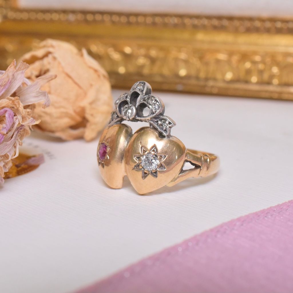 Antique Victorian 15ct Yellow Gold Ruby And Diamond ‘Crowned Double Heart’ Ring