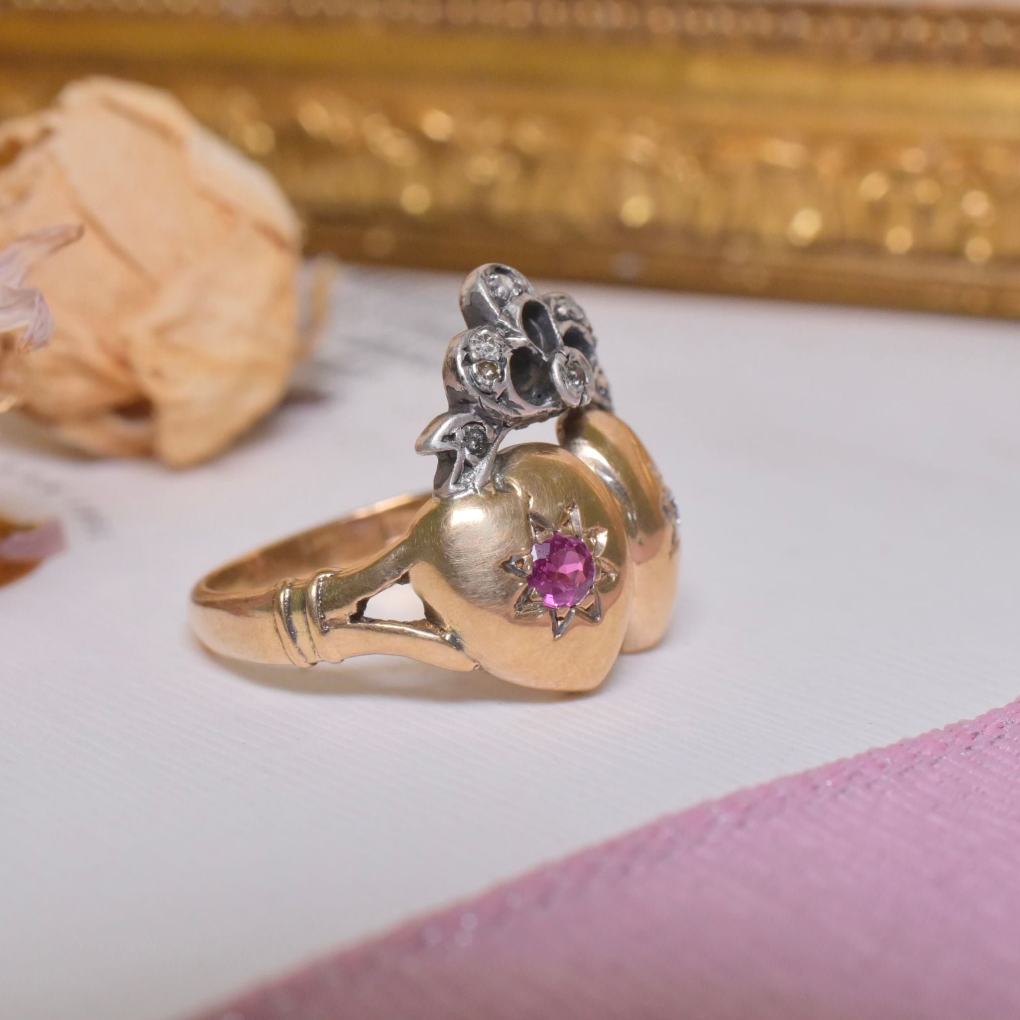 Antique Victorian 15ct Yellow Gold Ruby And Diamond ‘Crowned Bow Double Heart’ Ring