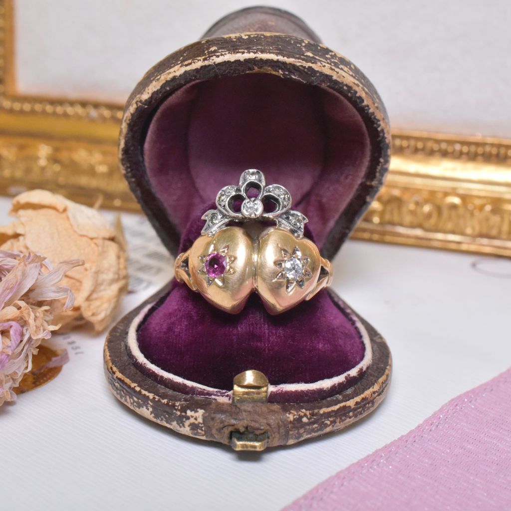 Antique Victorian 15ct Yellow Gold Ruby And Diamond ‘Crowned Double Heart’ Ring