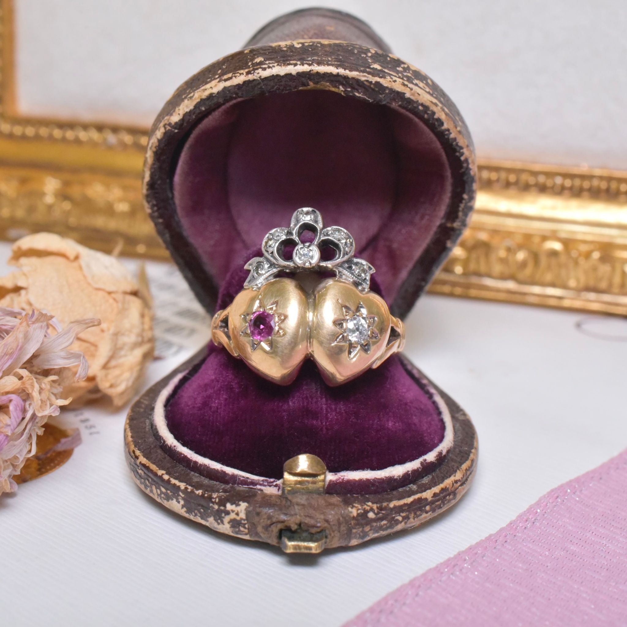Antique Victorian 15ct Yellow Gold Ruby And Diamond ‘Crowned Bow Double Heart’ Ring