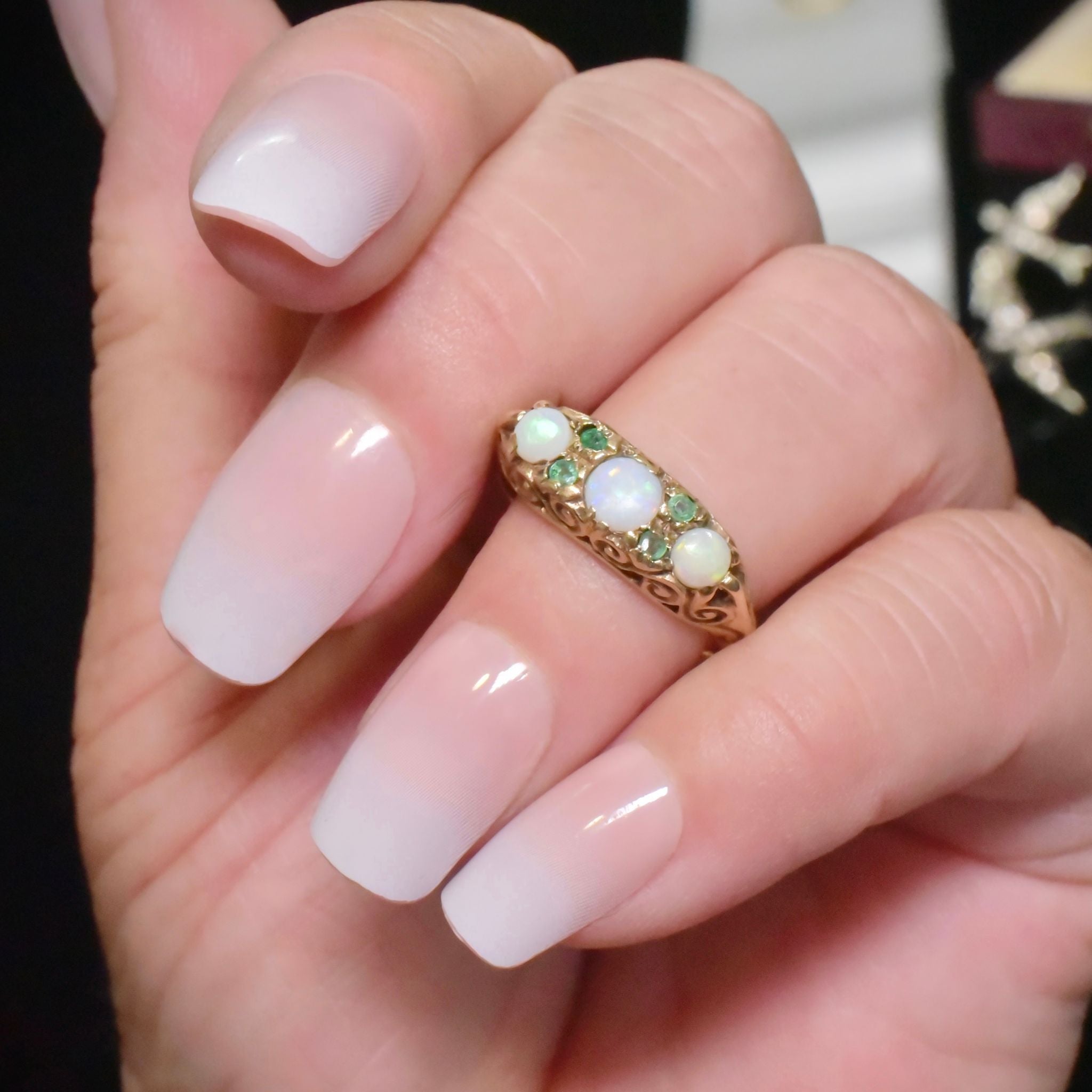 Charming Vintage 9ct Yellow Gold Opal And Emerald Ring - London 1977