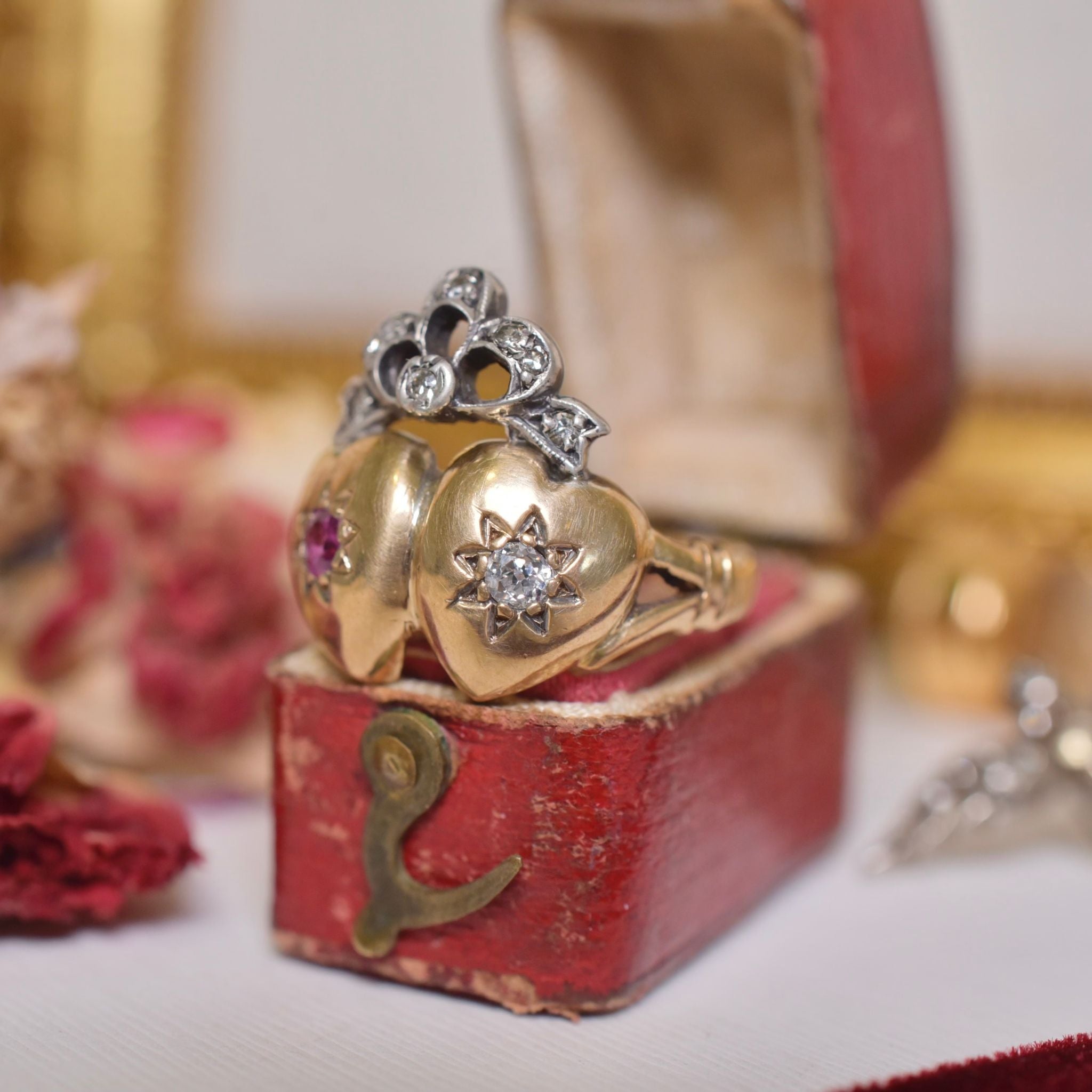 Antique Victorian 15ct Yellow Gold Ruby And Diamond ‘Crowned Bow Double Heart’ Ring