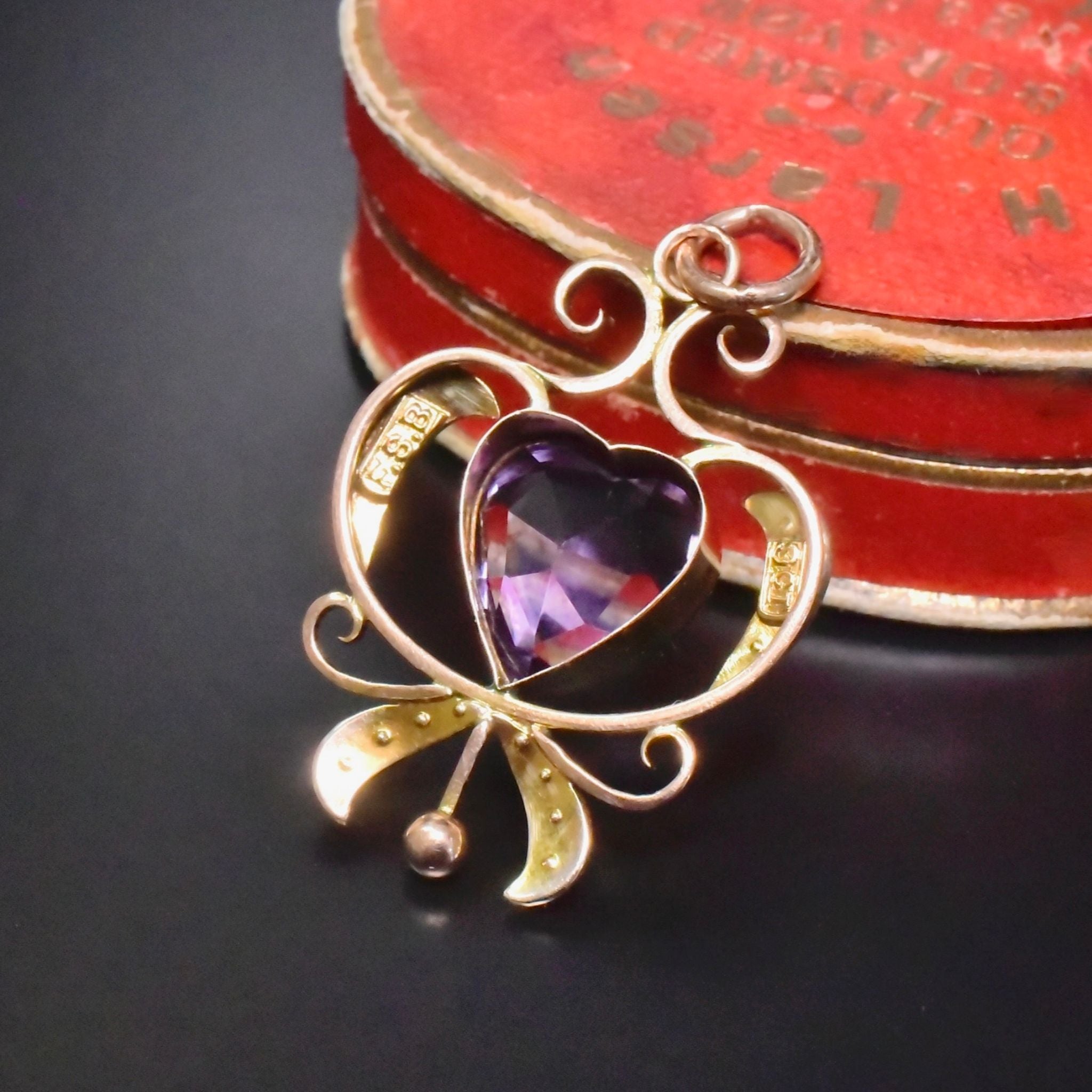 Antique Edwardian 9ct Rose Gold Heart Amethyst Seed Pearl Pendant Circa 1910 Hallmarked for E S Barnsley & Co (Edward Souter Barnsley)