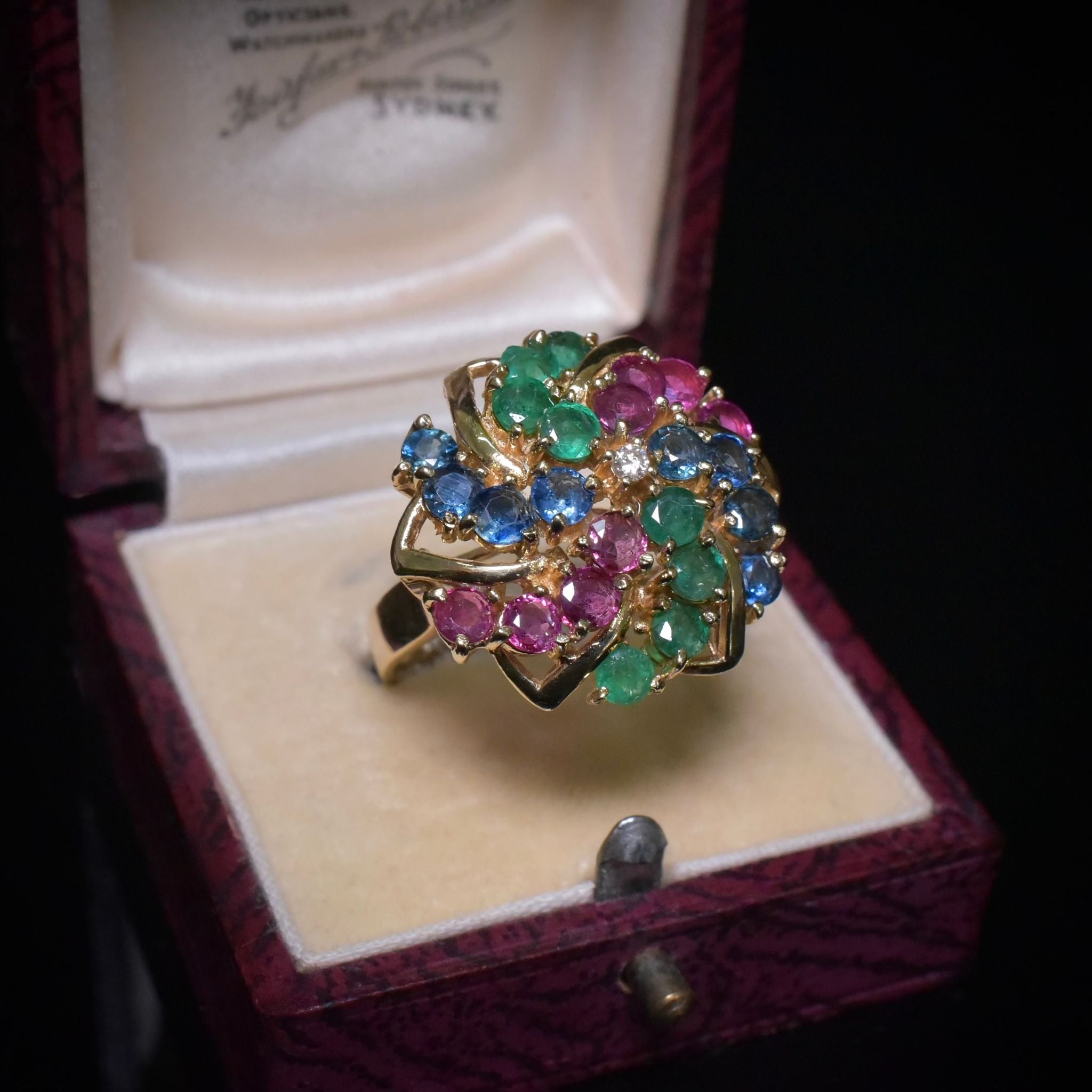 Vintage 14ct Yellow Gold Diamond, Emerald, Ruby, Sapphire Cocktail Ring