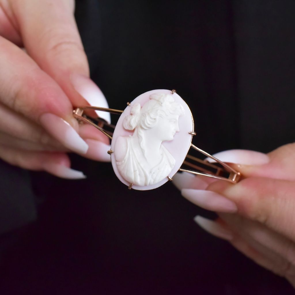 Antique Australian 9ct Rose Gold Conch Shell Cameo Bangle By A. Benjamin And Sons Pty Ltd Circa 1910-15