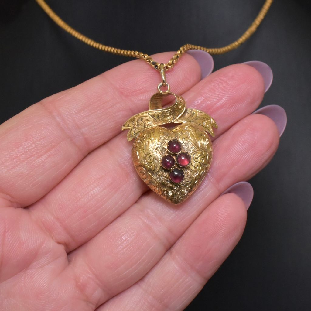 Victorian 15ct Gold Heart Shaped Locket Pendant With Cabochon-Cut Garnets Circa 1860-80