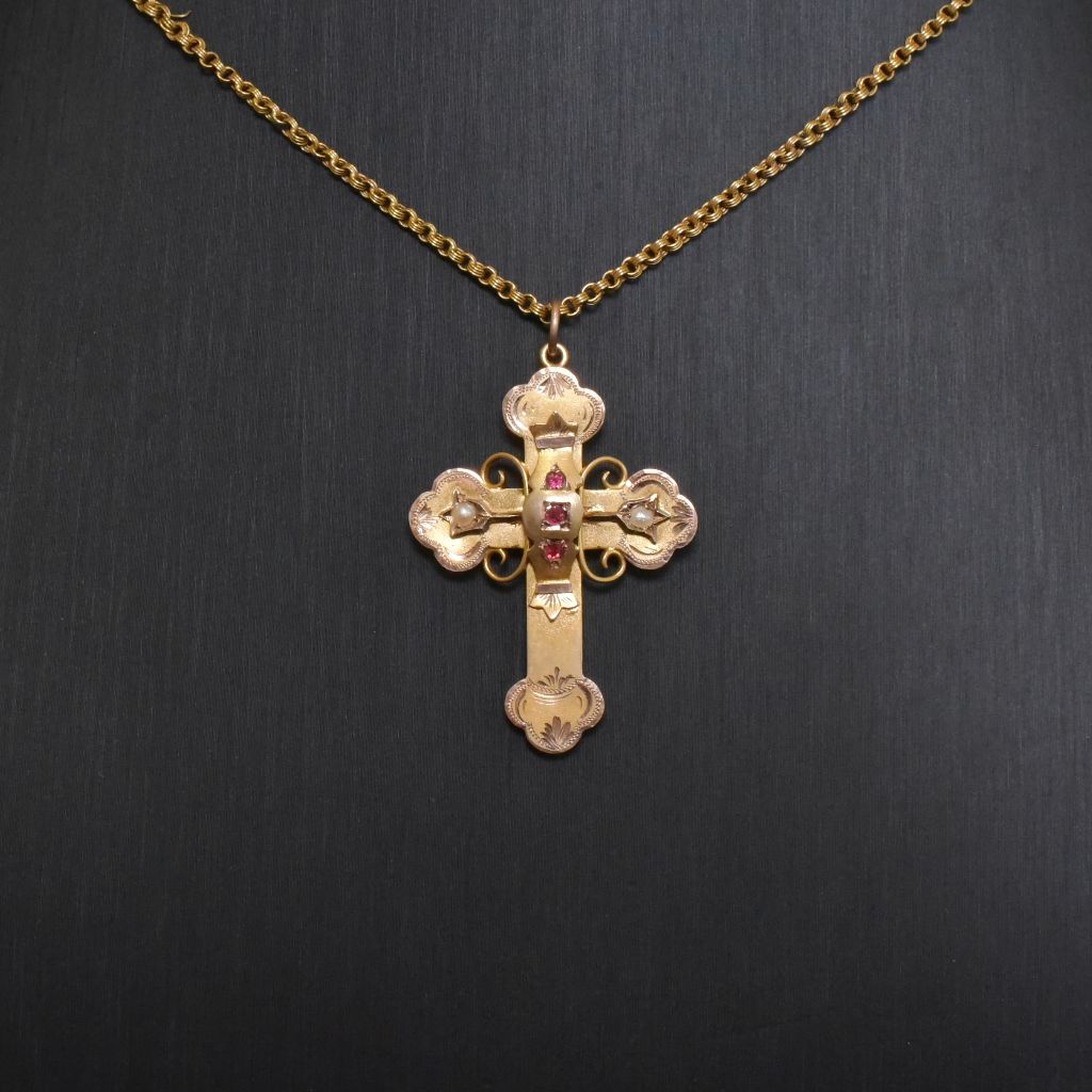 Antique Edwardian Australian 9ct Rose Gold Seed Pearl And Garnet Cross By A. Benjamin And Sons