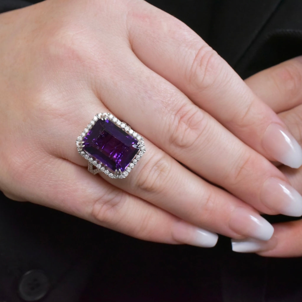 Contemporary 14ct White Gold Amethyst And Diamond Ring Independent Valuation Included $6290.00 AUD