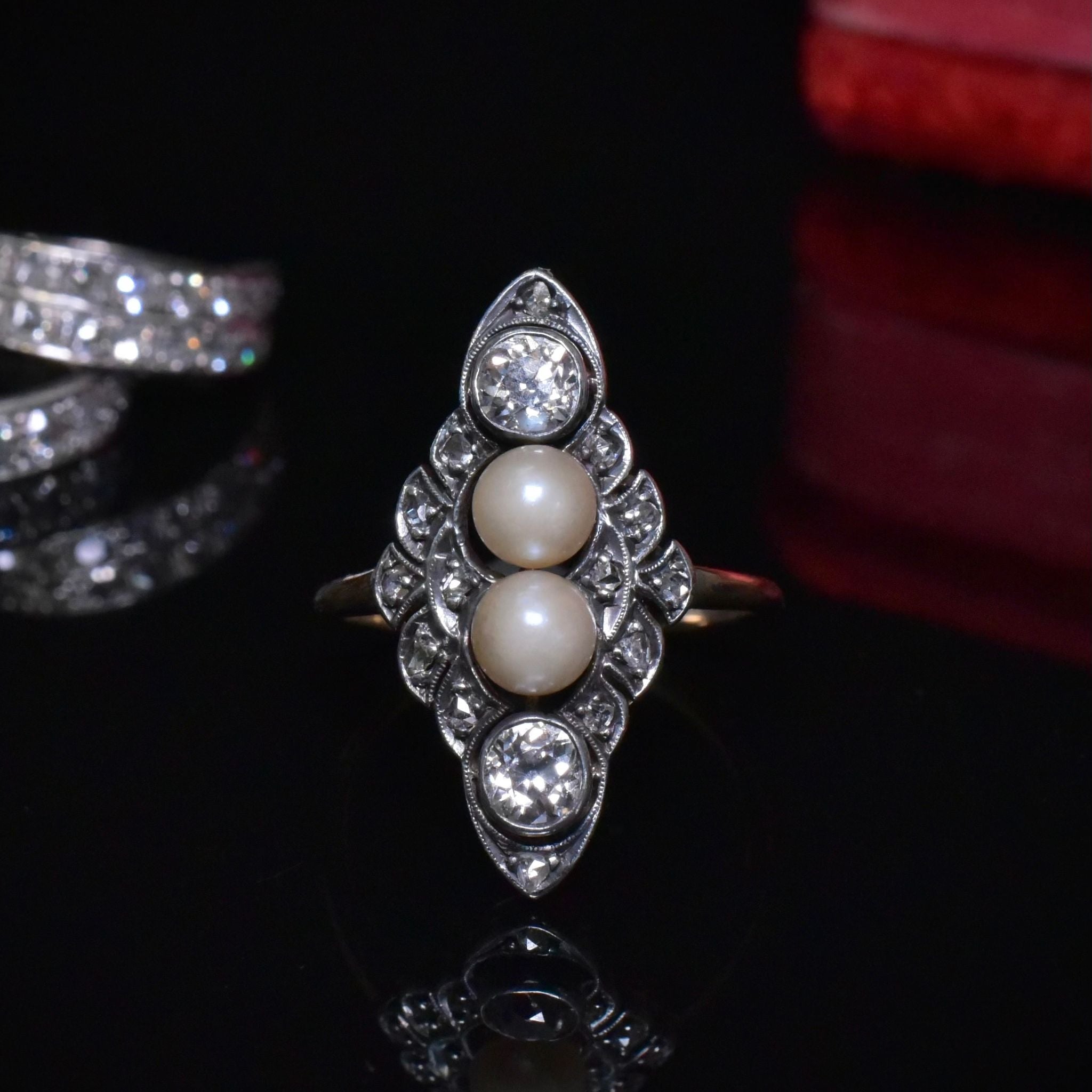 Stunning Antique 14ct Yellow Gold And Silver Diamond And Pearl Navette Ring Circa 1902