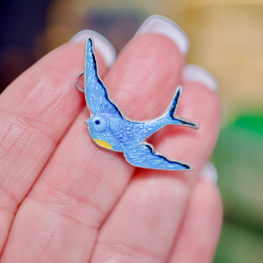 Vintage Australian Silver And Guilloche Enamel ‘Bluebird Of Happiness’ Brooch Circa 1960-1970’s