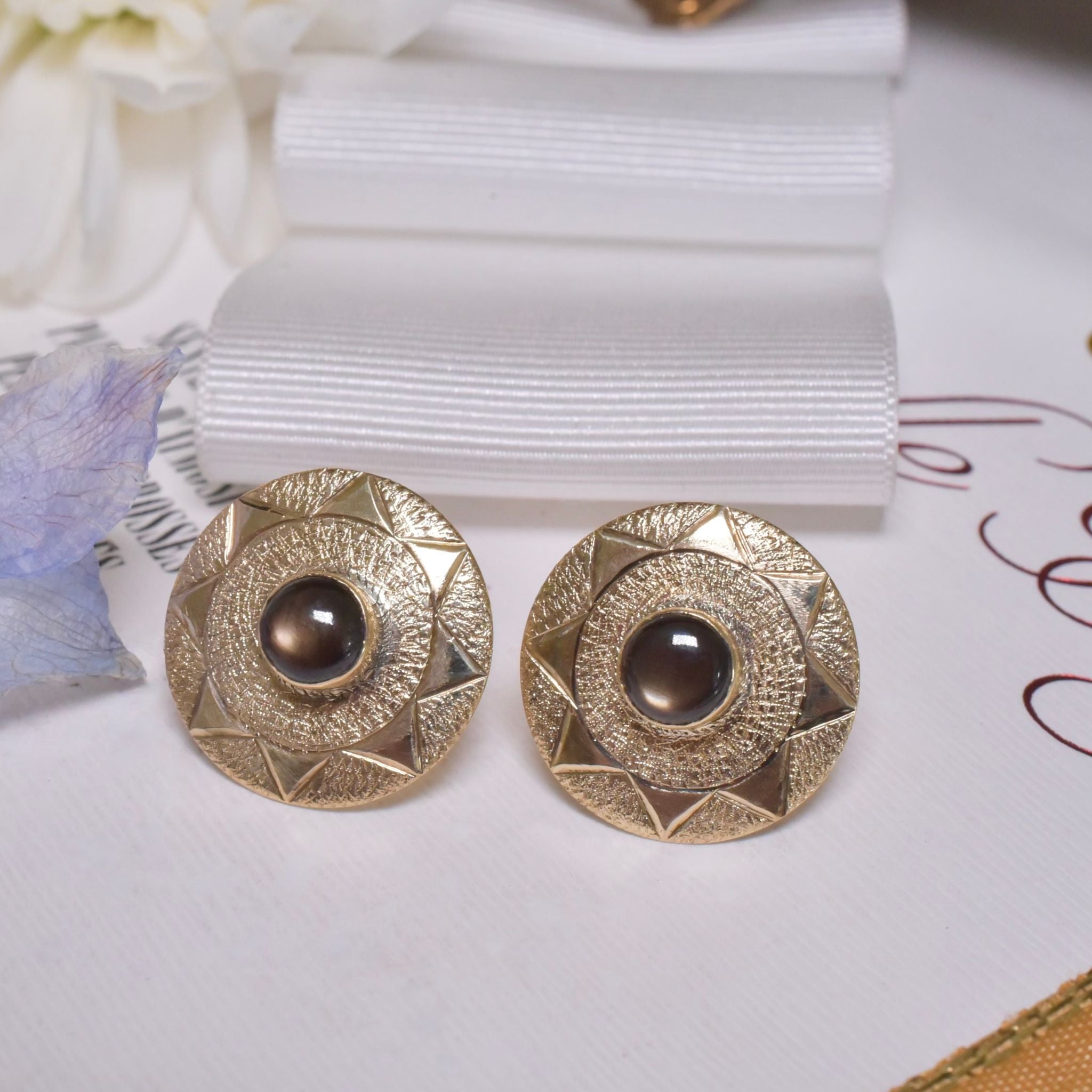 Vintage Estate 18ct Yellow Gold And Black Star Sapphire Earrings