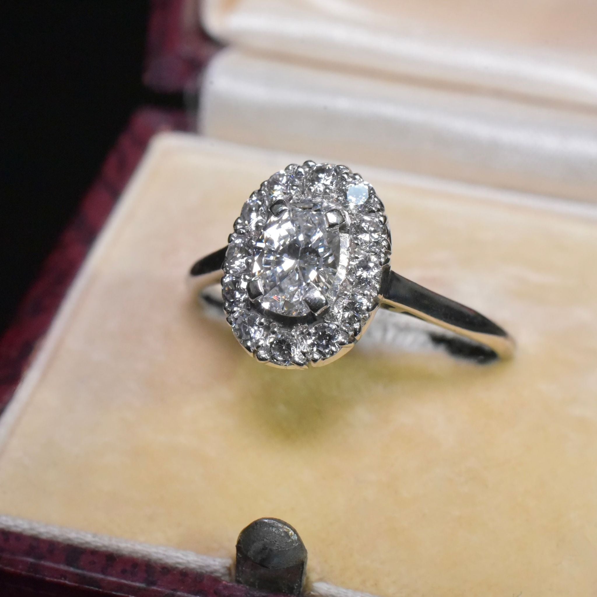 Outstanding Vintage 18ct White Gold Oval Diamond Halo Cluster Ring - 0.92ct Independent Valuation Included For $10,000 AUD