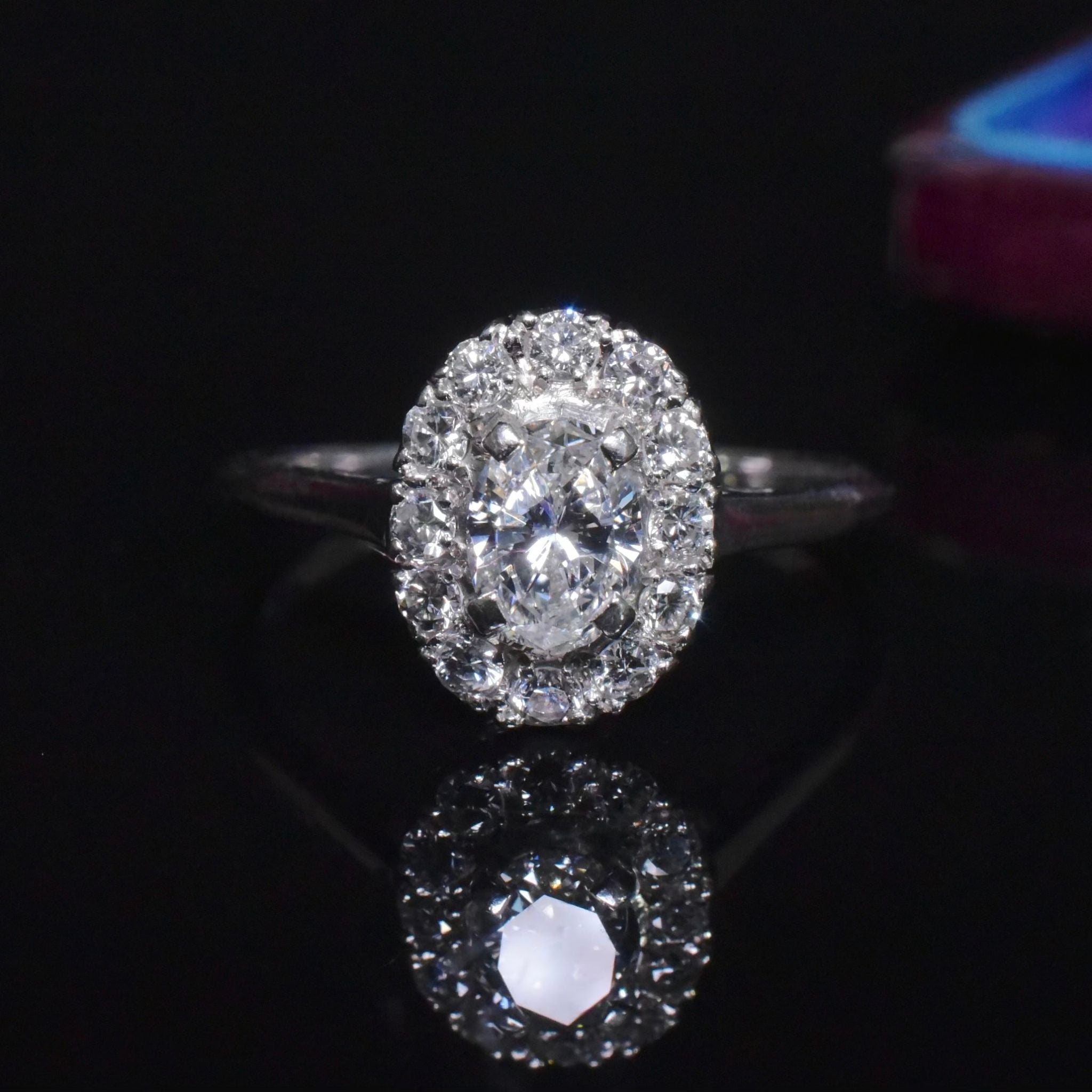 Outstanding Vintage 18ct White Gold Oval Diamond Halo Cluster Ring - 0.92ct Independent Valuation Included For $10,000 AUD