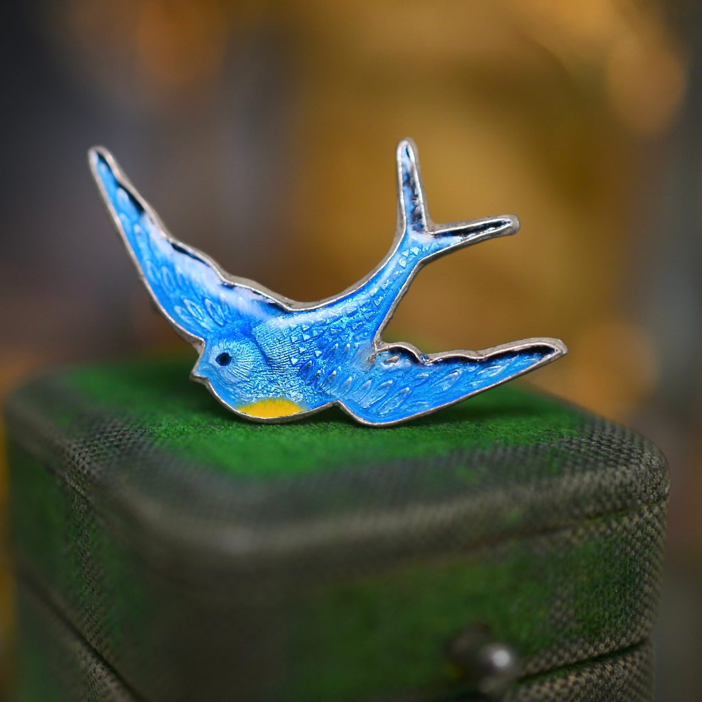 Vintage Australian Silver And Guilloche Enamel ‘Bluebird Of Happiness’ Brooch Circa 1960-1970’s