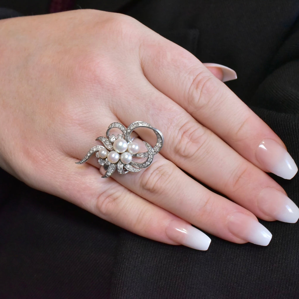 Vintage Retro Era 18ct (And 9ct) Diamond And Pearl Cocktail Ring Circa 1940’s