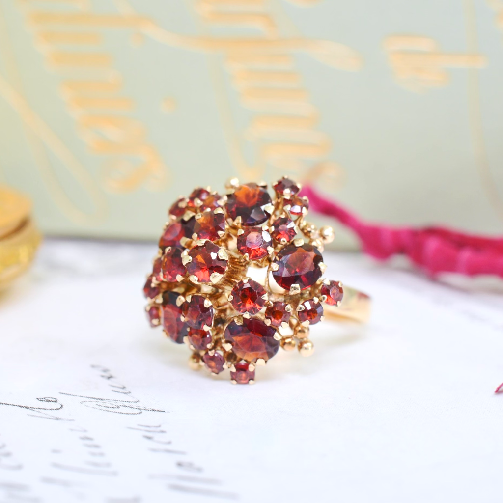 Vintage 14ct Yellow Gold And Garnet Flower Cluster Ring