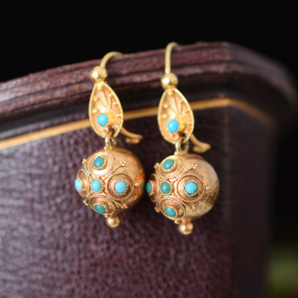 Antique Victorian 20ct Yellow Gold Etruscan Revival Turquoise Orb Earrings Circa 1880