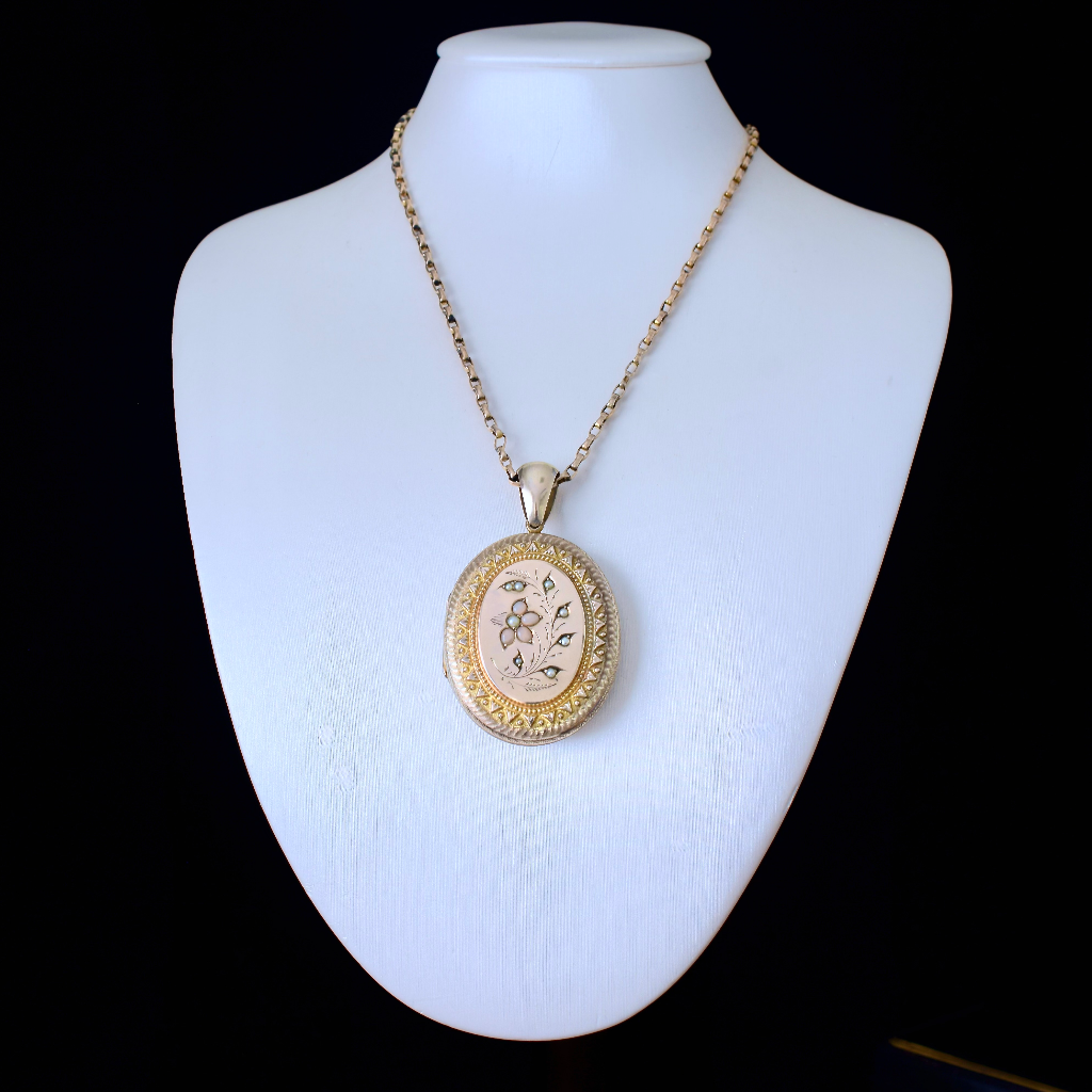 Antique Victorian Gold Gilt Repousse Coral And Seed Pearl Locket Pendant Circa 1880