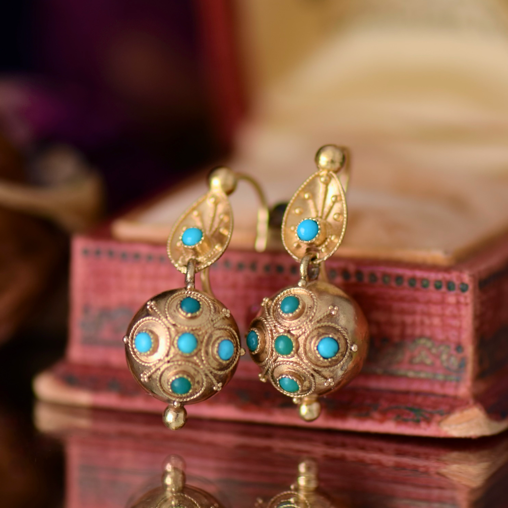 Antique Victorian 20ct Yellow Gold Etruscan Revival Turquoise Orb Earrings Circa 1880