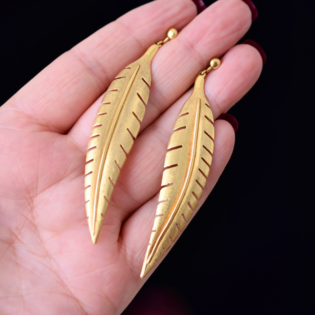 Modern Designer Look 18ct Gold ‘Feather’ Earrings - 16 Grams