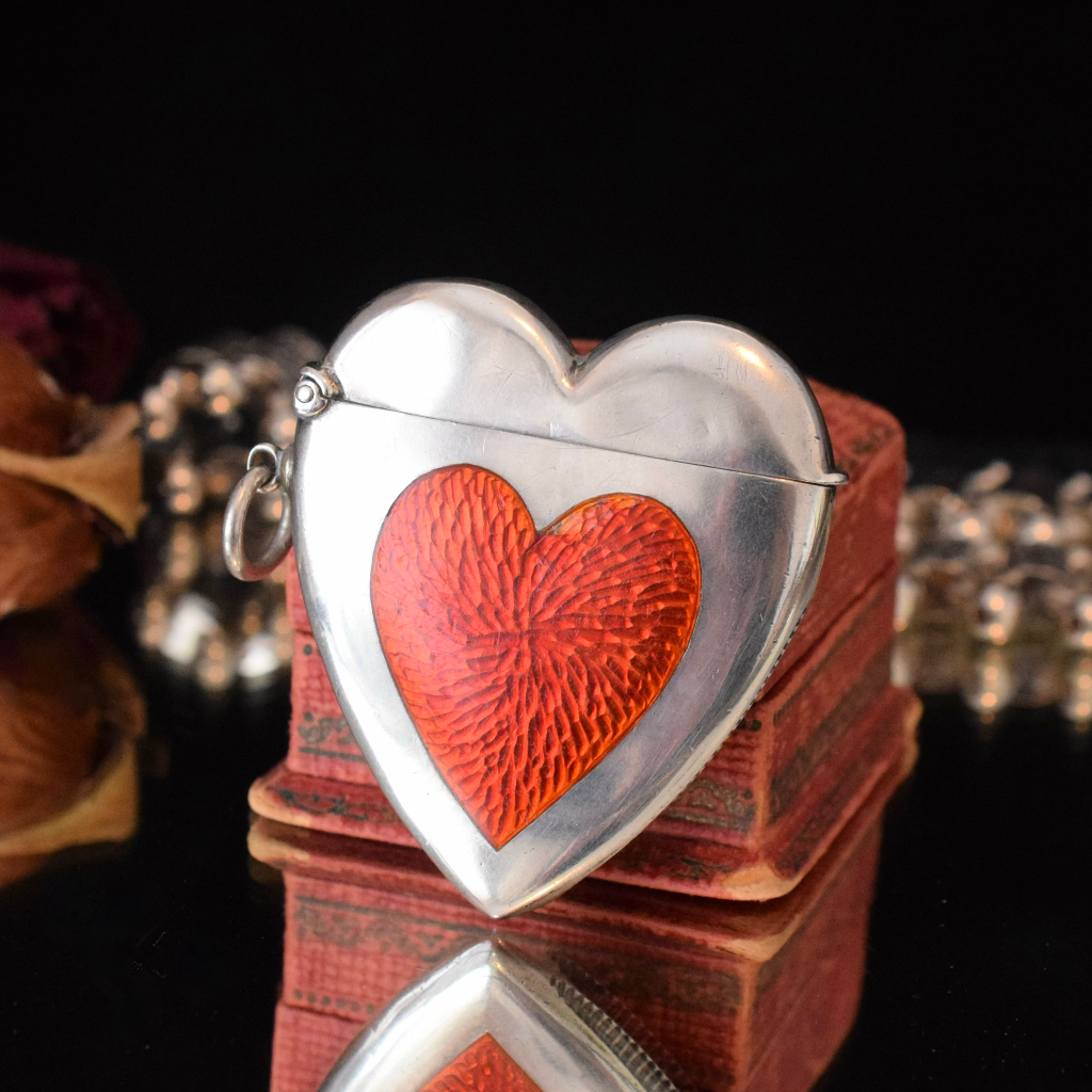 Antique Sterling Silver And Guilloché Enamel Novelty Heart Vesta Case - Birmingham 1894