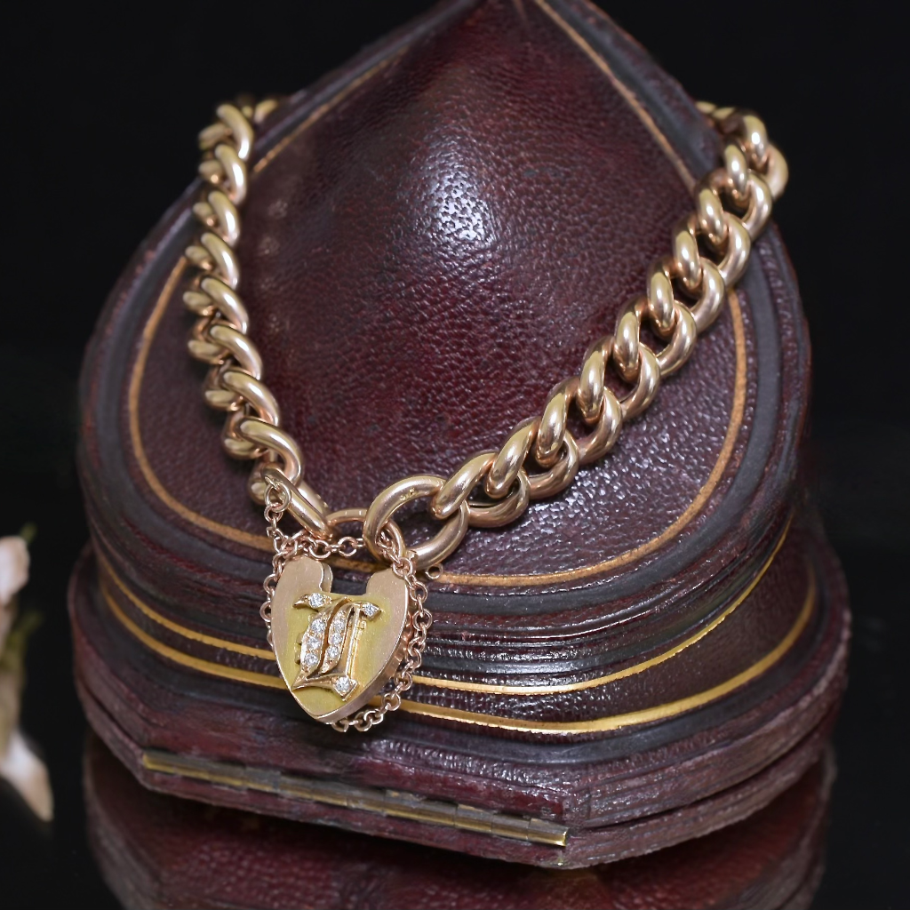 Antique Victorian 9ct Rose Gold And Diamond Padlock Bracelet - 1901