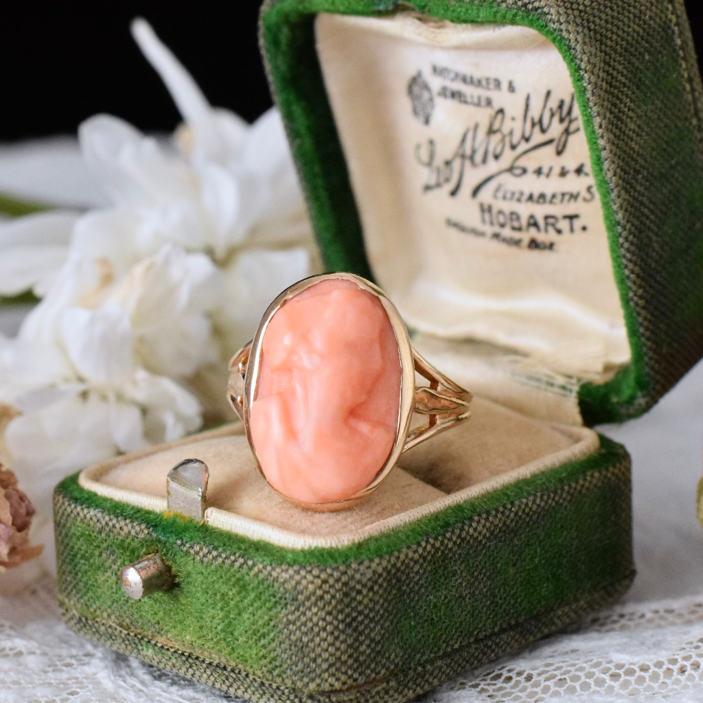 Antique 9ct Rose Gold Salmon Coral Cameo Ring Circa 1915