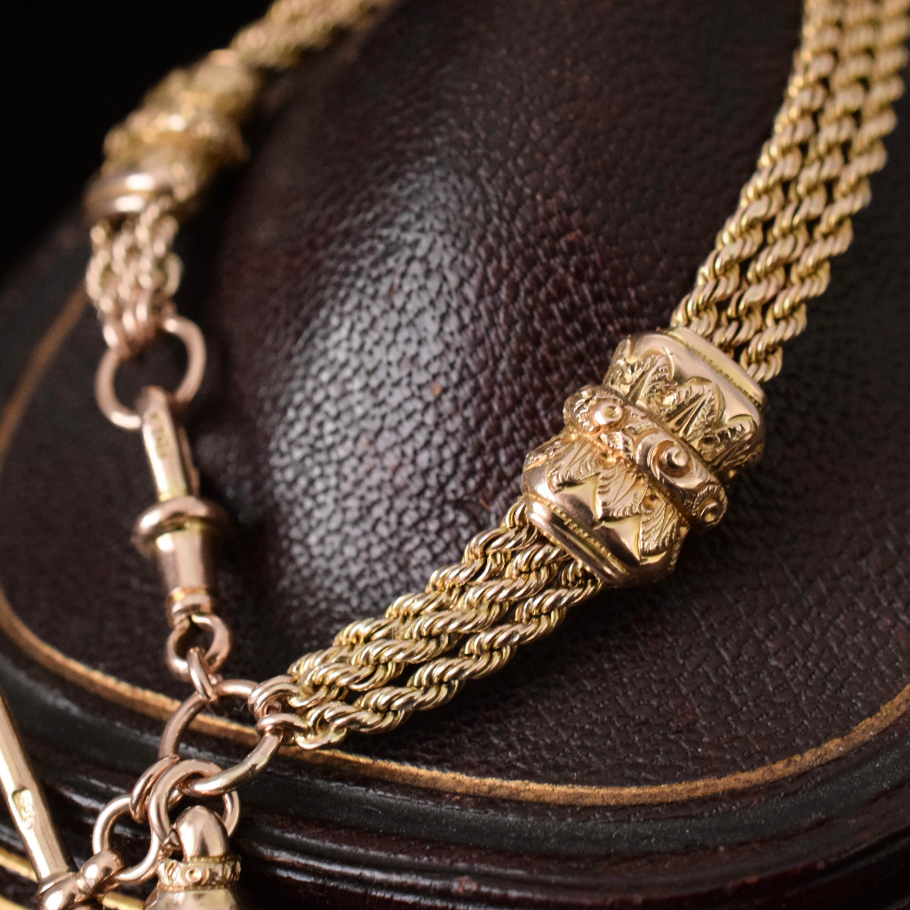 Superb Victorian 9ct Rose Gold Triple Strand Albertina Bracelet With T-bar And Tassel Circa 1890