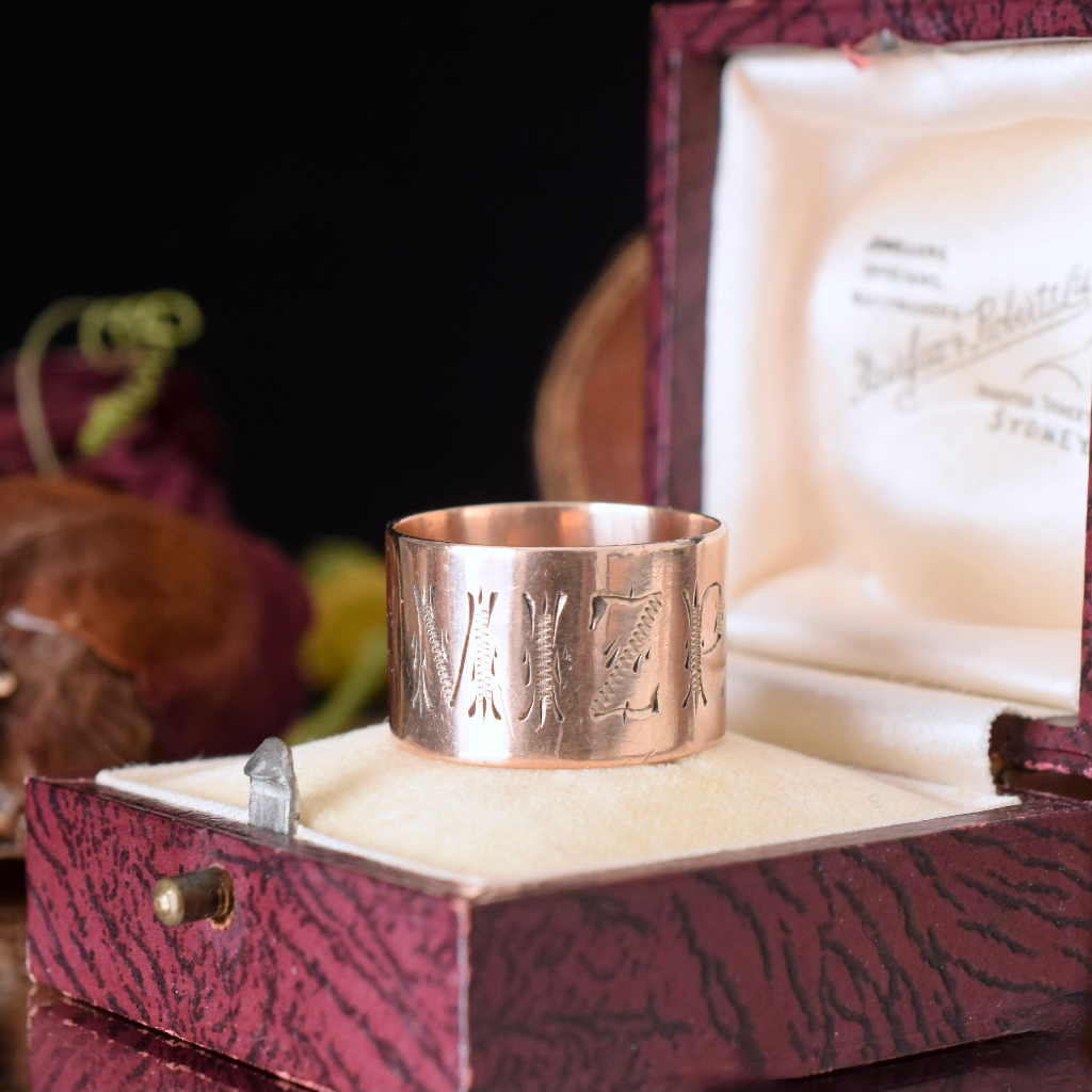 Antique Edwardian 9ct Rose Gold ‘Cigar’ Band ‘MIZPAH’ Ring Circa 1910