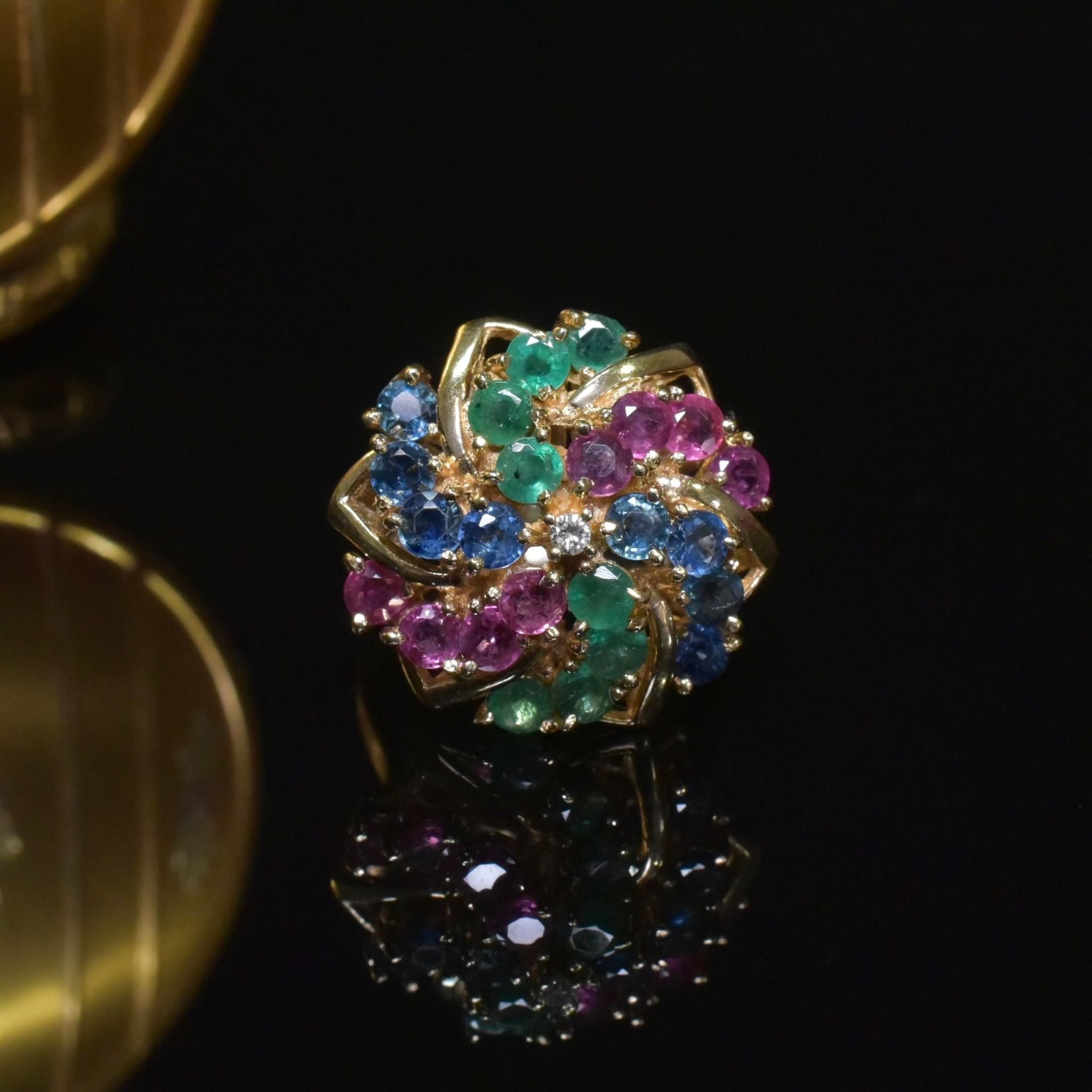 Vintage 14ct Yellow Gold Diamond, Emerald, Ruby, Sapphire Cocktail Ring
