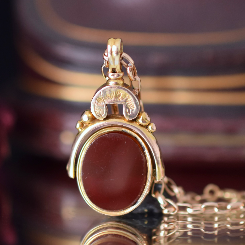 Antique 9ct Rose Gold Bloodstone And Carnelian ‘Spinner’ Fob Pendant - Circa 1910
