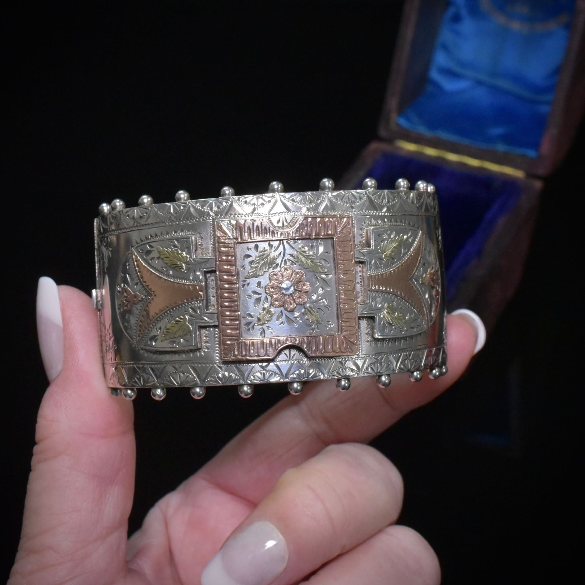 Splendid Antique Victorian Tri-Colour Sterling Silver / 9ct Gold Cuff Bangle - Birmingham 1884