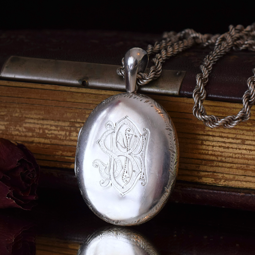 Large Victorian Sterling Silver Engraved Locket Circa 1885