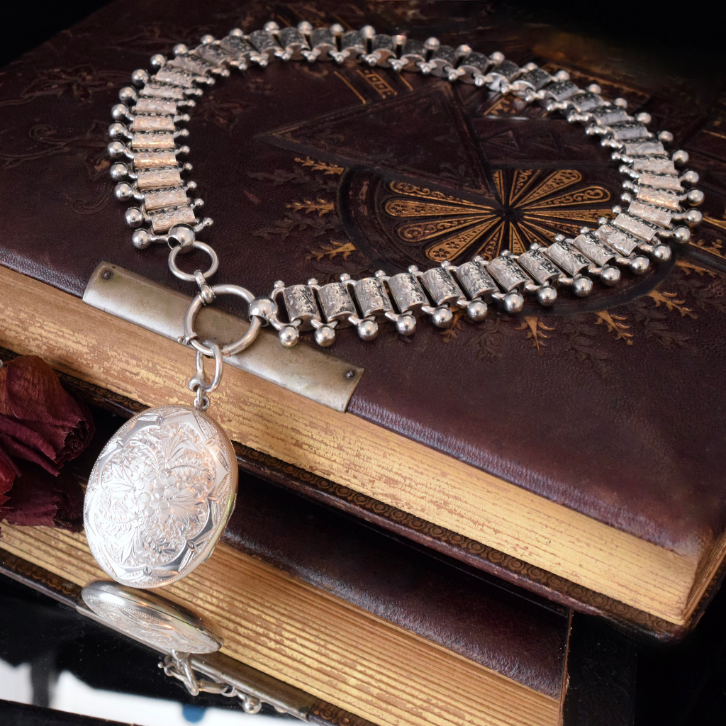 Antique Victorian Sterling Silver Collar And Locket Circa 1890