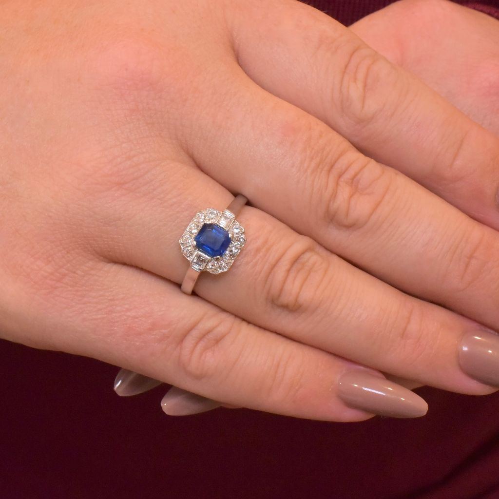 Modern Solid Platinum Natural Sapphire And Diamond Art Deco-Style Ring - Birmingham 1999