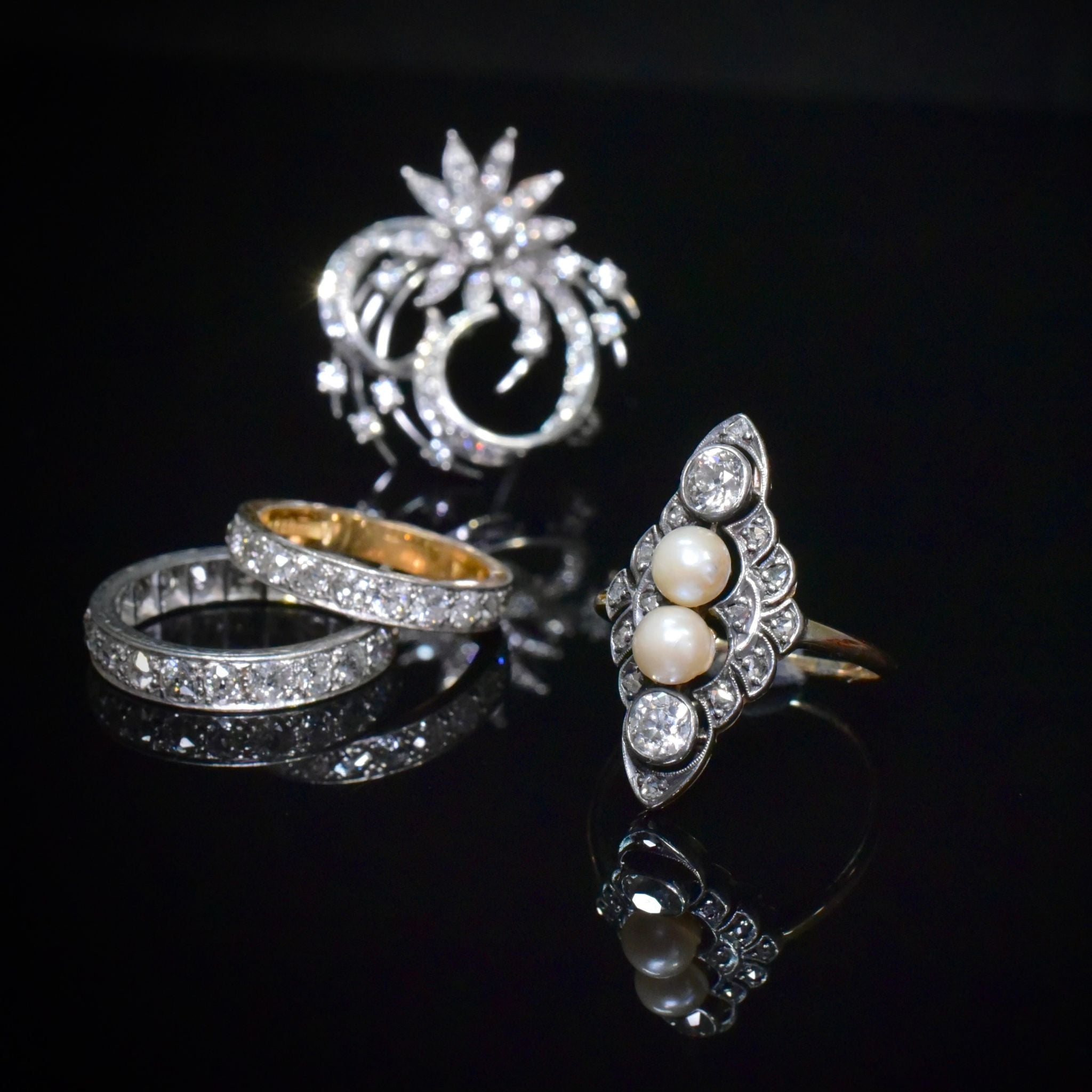 Stunning Antique 14ct Yellow Gold And Silver Diamond And Pearl Navette Ring Circa 1902