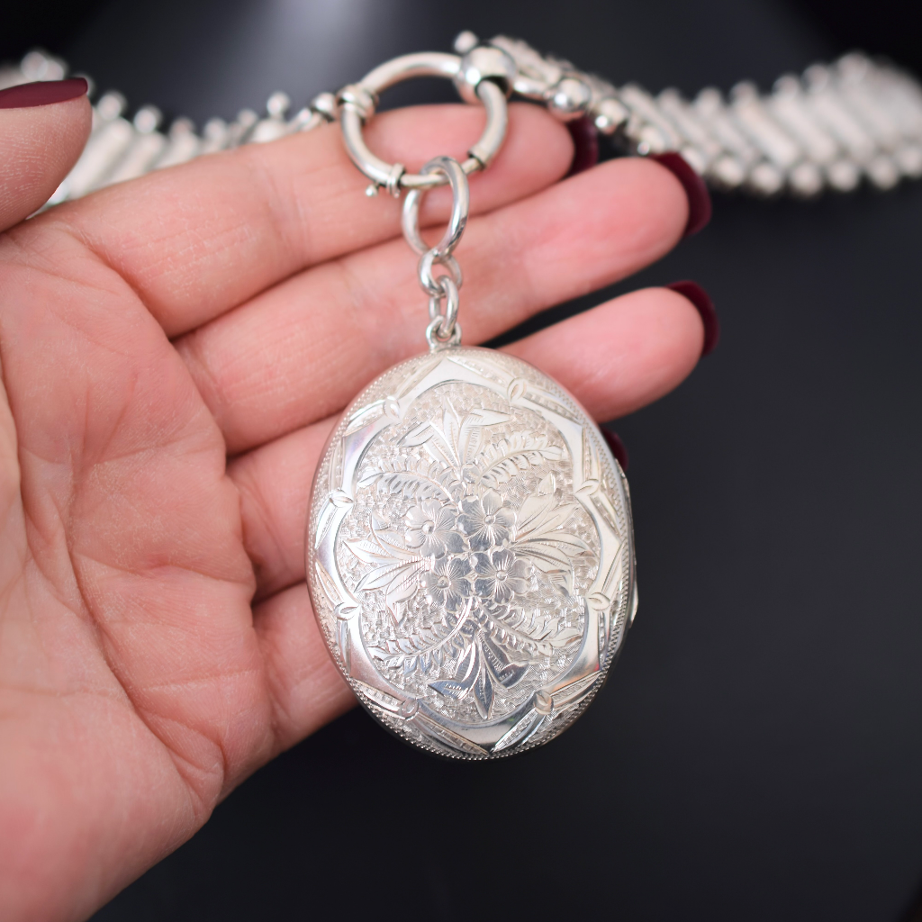 Antique Victorian Sterling Silver Collar And Locket Circa 1890