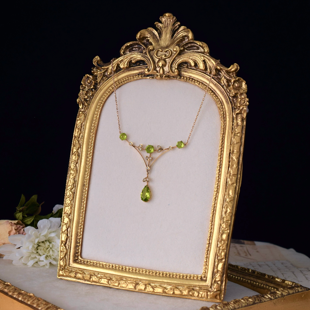 Antique Edwardian 9ct Rose Gold Seed Pearl And Green Paste (Glass) Stones Circa 1910