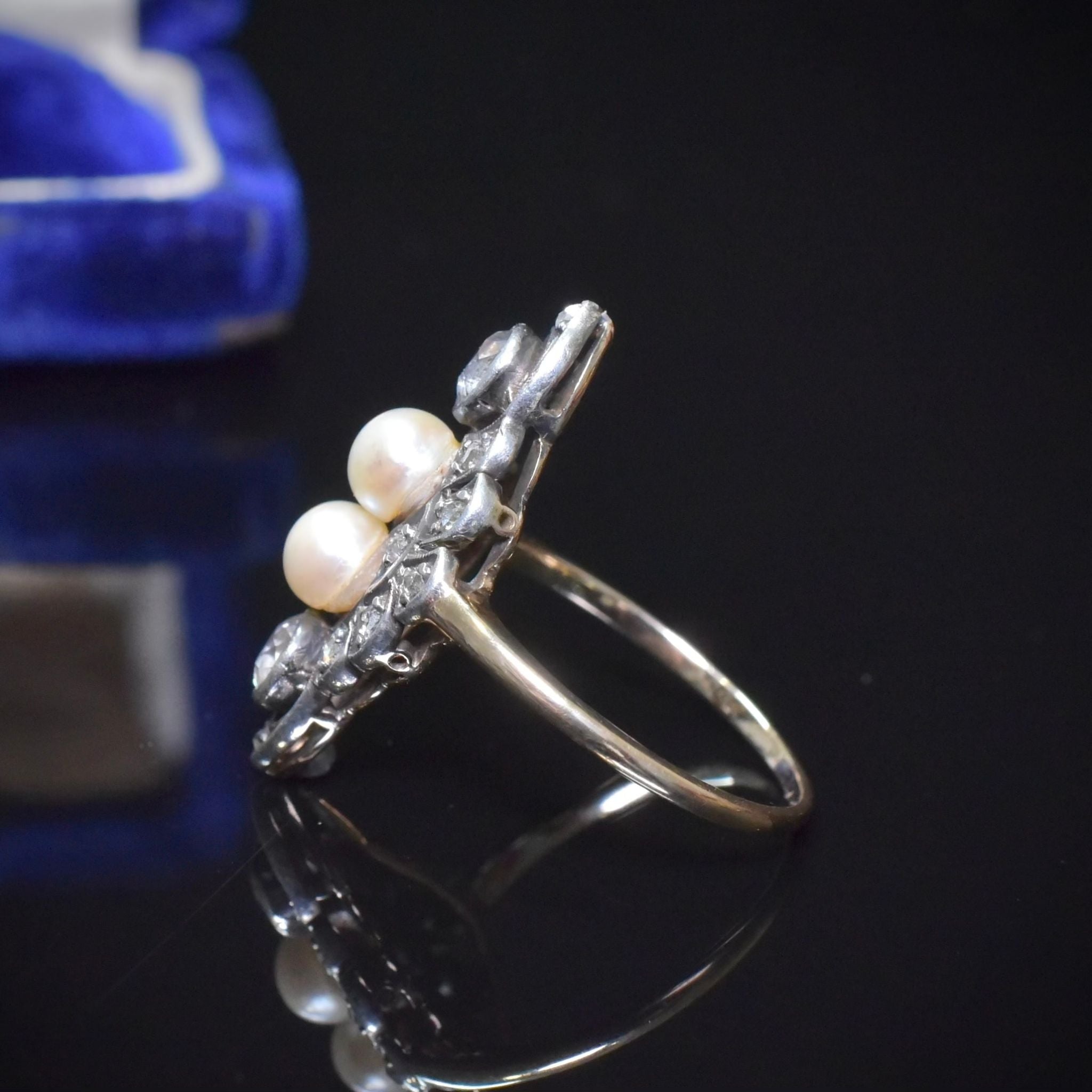 Stunning Antique 14ct Yellow Gold And Silver Diamond And Pearl Navette Ring Circa 1902