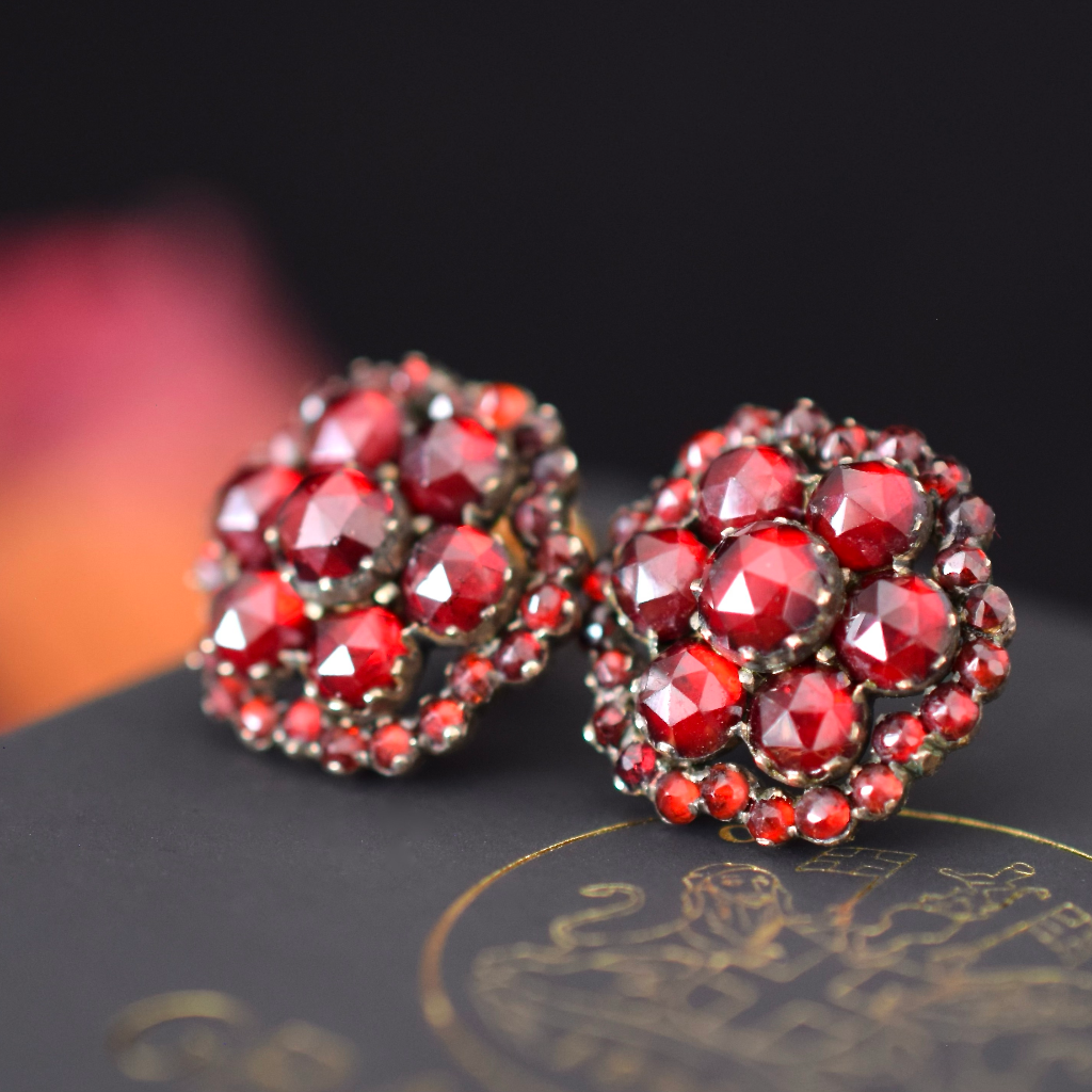 Antique Bohemian Garnet Flower Cluster Earrings Circa 1900