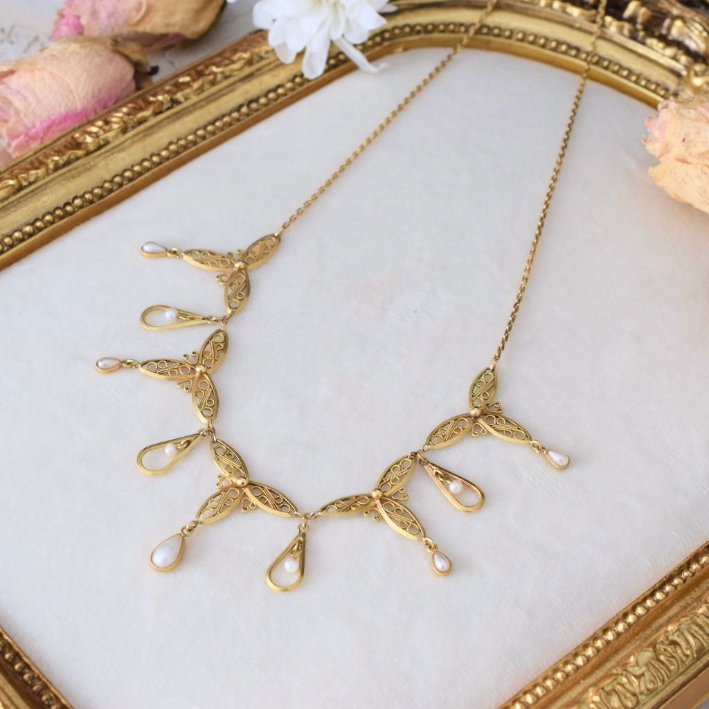 Antique Art Nouveau 18ct Yellow Gold And Pearl Filigree French Necklace Circa 1900