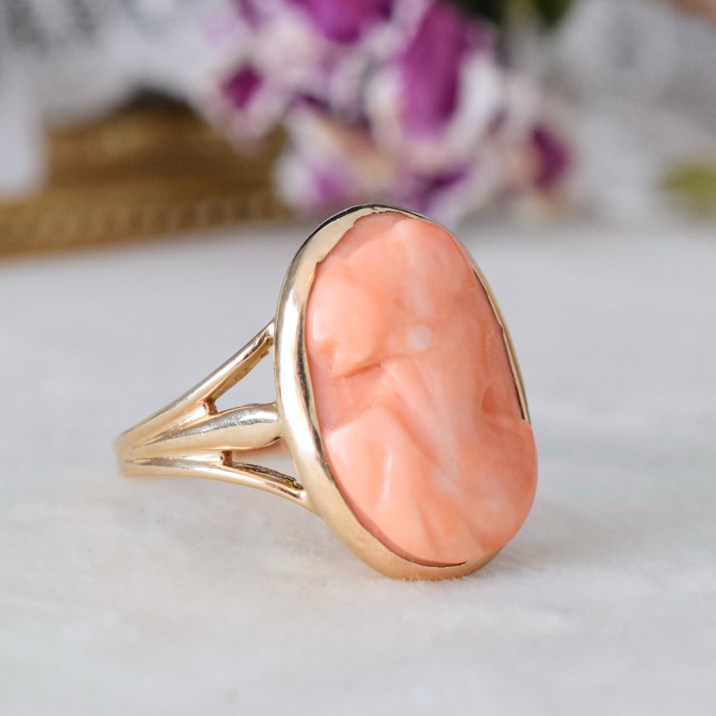 Antique 9ct Rose Gold Salmon Coral Cameo Ring Circa 1915